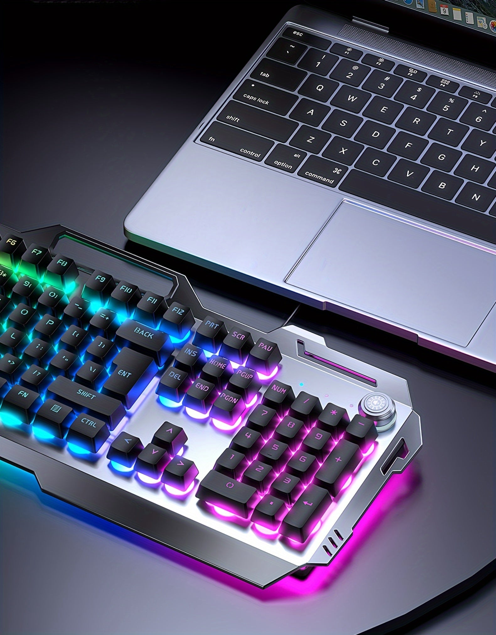 PC Gaming Keyboards, 104 Keys All-Metal Panel Wired Gaming Keyboard Mechanical Feel with Blue Backlit, Multimedia Knob, Anti-Ghosting, Wrist Rest Quiet Computer Keyboard (Black)