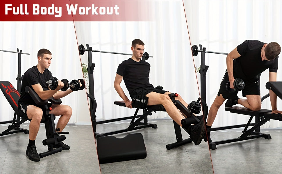 6-in-1 880lbs Weight Bench Set with Squat Rack, Adjustable Workout Bench for Full Body Strength Training, Bench Press with Barbell Rack Leg Developer Preacher Curl, Incline Decline Bench