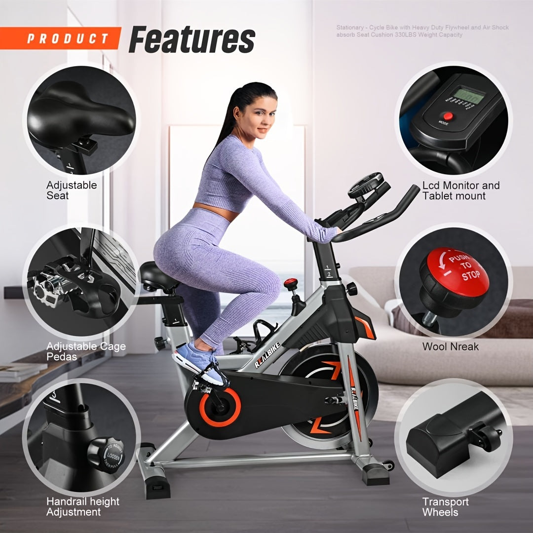 Exercise Bike, Indoor Bike/Brake Pad Stationary Bike, for Family, Indoor Bike with Silent Belt Drive, Heavy Duty Flywheel, Comfortable Saddle And Upgraded LCD Display