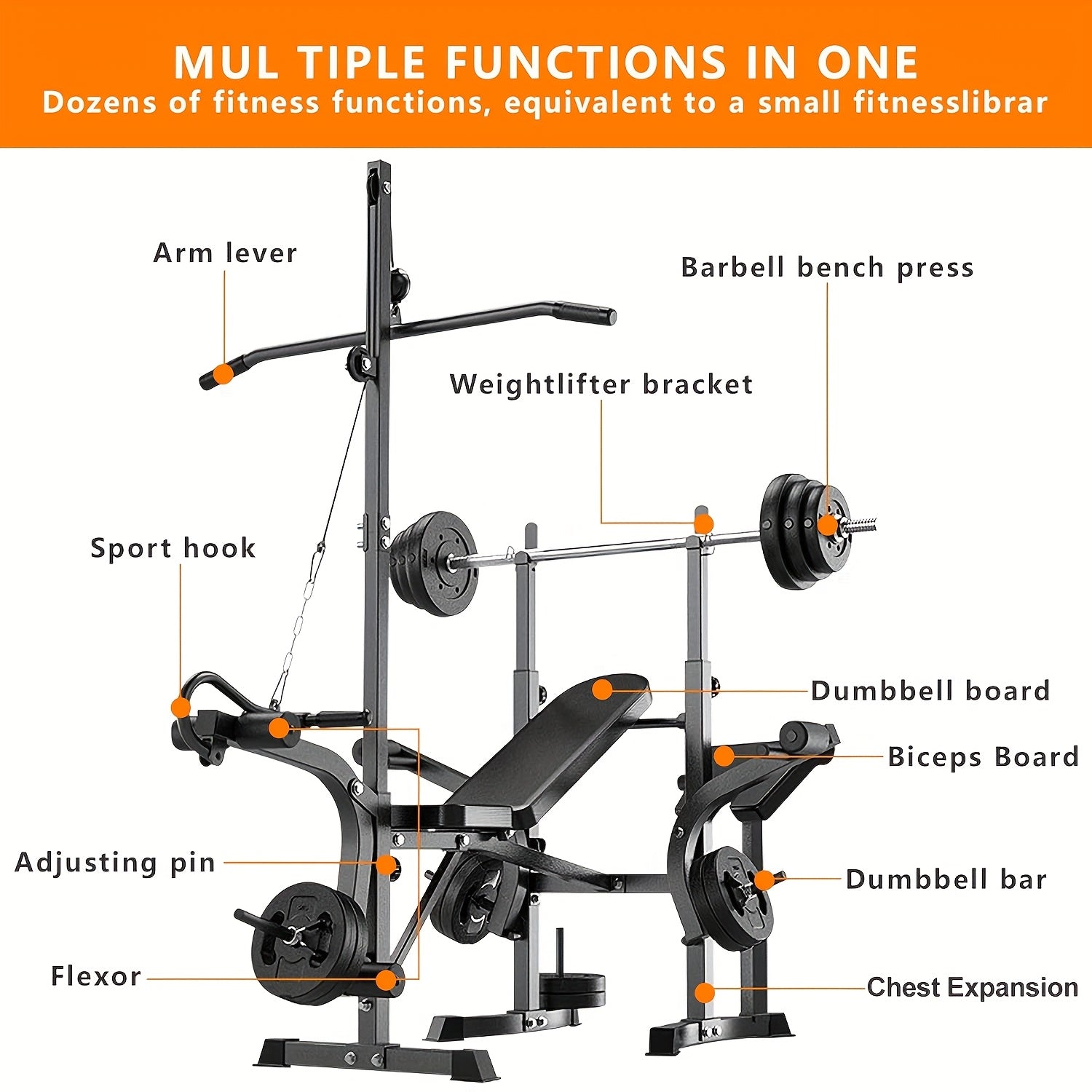 1pc Rigel 600lbs Capacity Adjustable Weight Bench 6-in-1 Fitness Stool with Leg Extension & Curl, Pec Deck, Incline/Decline Bench for Full Body Workout, Strength Training, Home Gym - Black