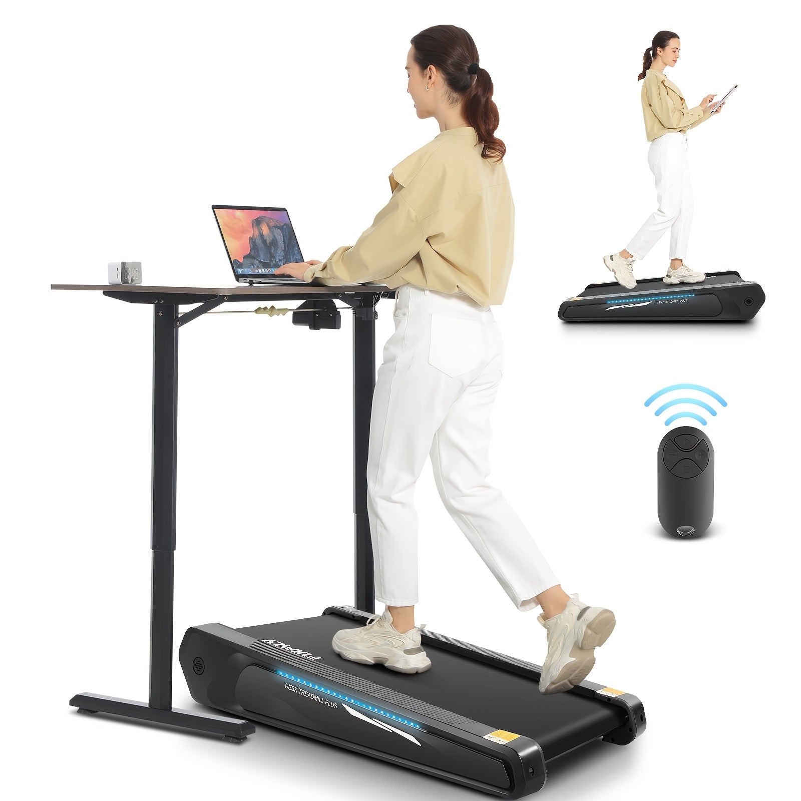 Compact Mini Jogging Machine for Small Space, Walking Pad with 5% Incline, Under Desk Treadmill 300 lbs Capacity Portable for Home & Office, Standby State Blue and Green Double Flash Cycle