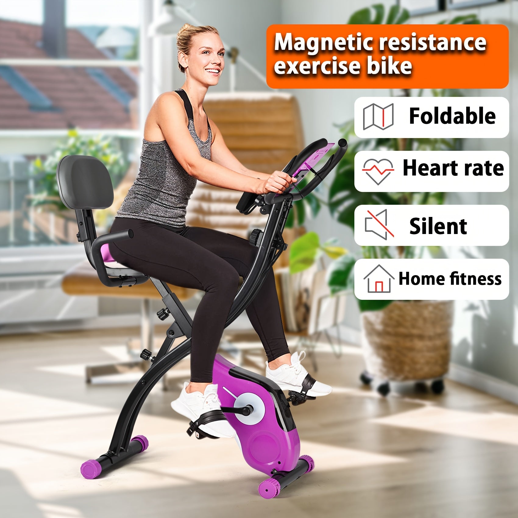 Folding Exercise Bike, Foldable Fitness Stationary Bike Machine, Upright Indoor Cycling Bike, Magnetic X-Bike with 8-Level Adjustable Resistance, Bottle Holder & Back Support Cushion for Home Gym Workout, Valentine's Day Gift