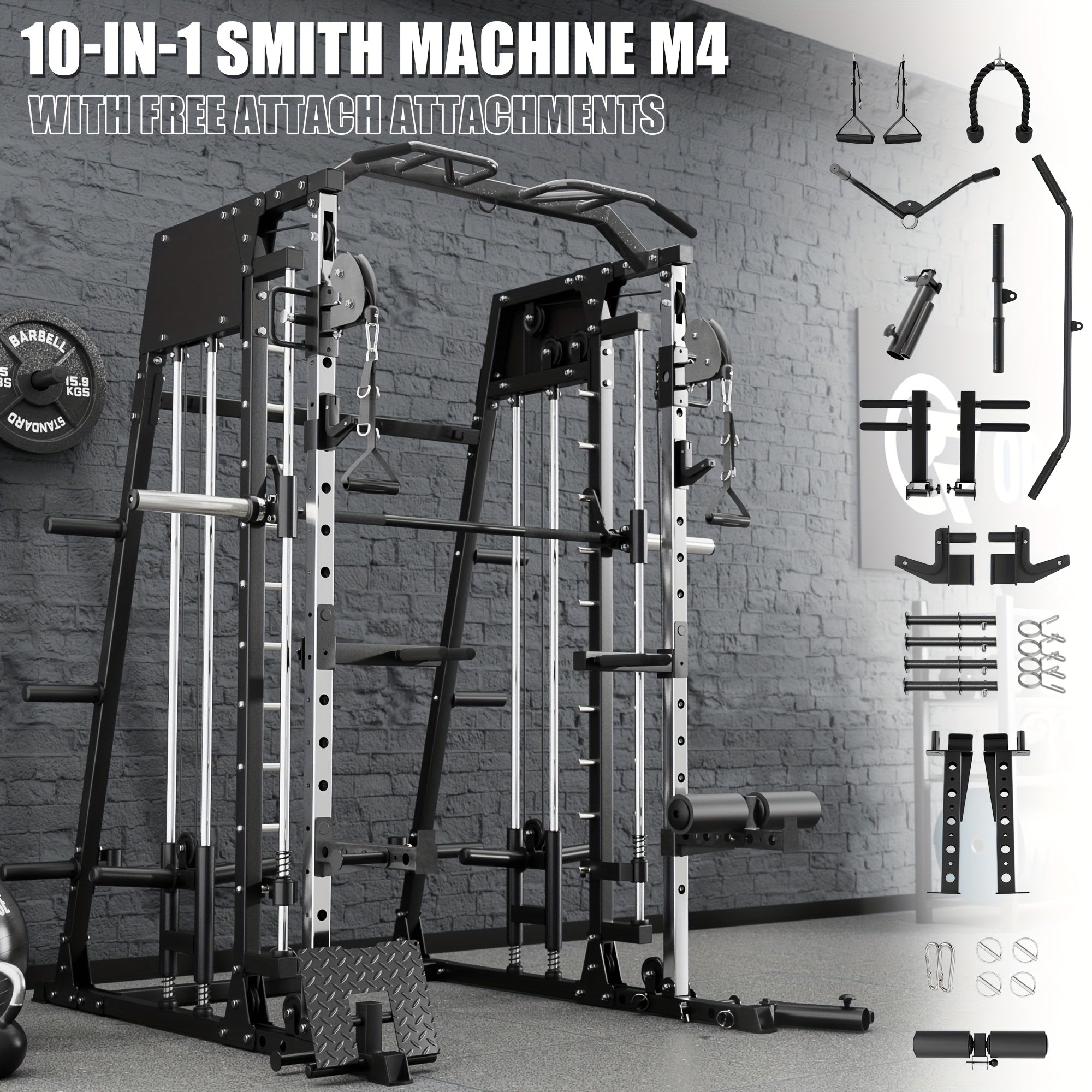2200lbs All-in-1 Smith Machine Home Gym with LAT-Pull Down System & Cable Crossover, 360° Landmine, Weight Bar & Barbell Holders, 40+ Free Weight Exercises, Space-Saving Power Rack Cage for Total Body Strength Training (Red/