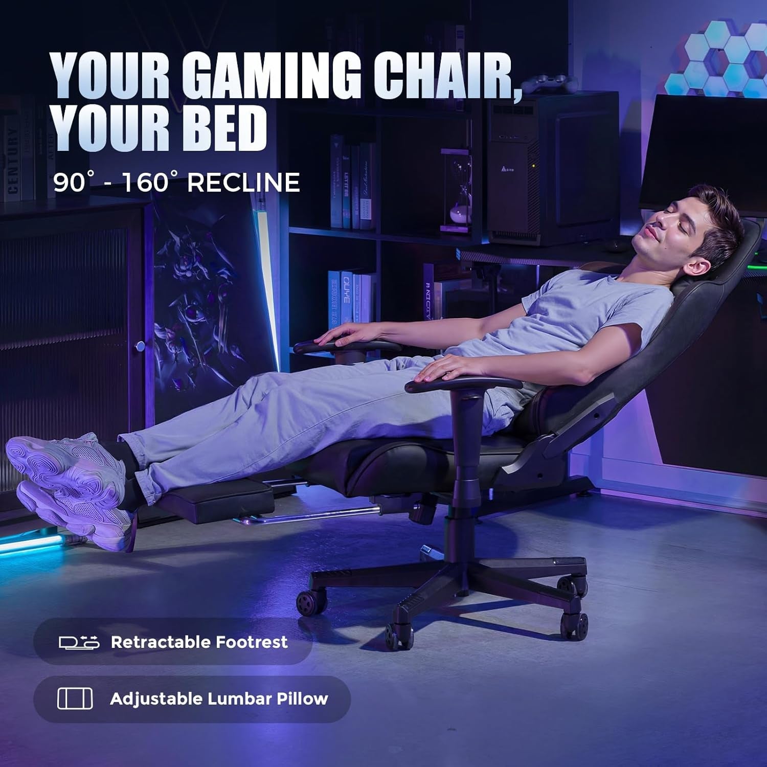 Gaming Chair with Footrest, Racing Style Computer Chair for Adult, Adjustable Reclining Backrest and Lumbar Support, Stylish High Back Chair for Gaming and Office (Black)-3