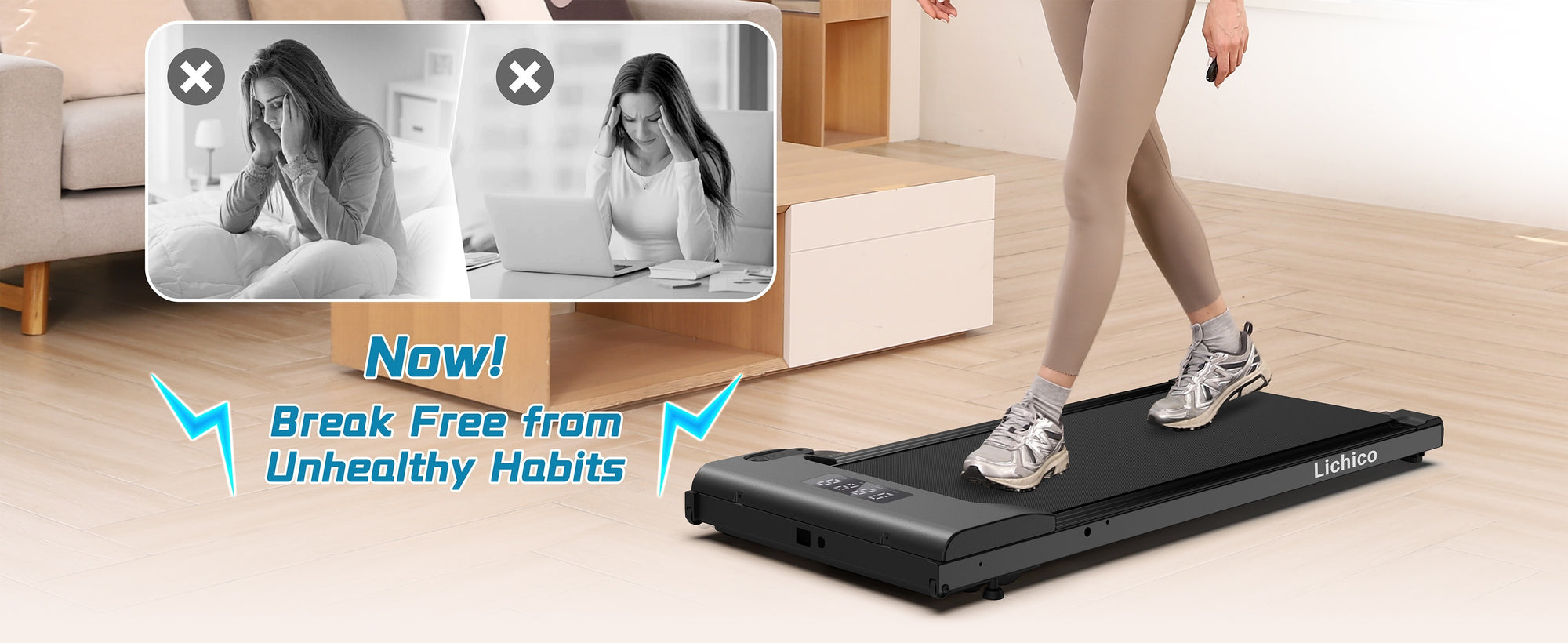 Lichico Under Desk Treadmill, Walking Pad Portable Small Treadmill for Home and Office, 2.5HP Super Quiet Brushless Motorized Walking Jogging Running Machine with Remote Control