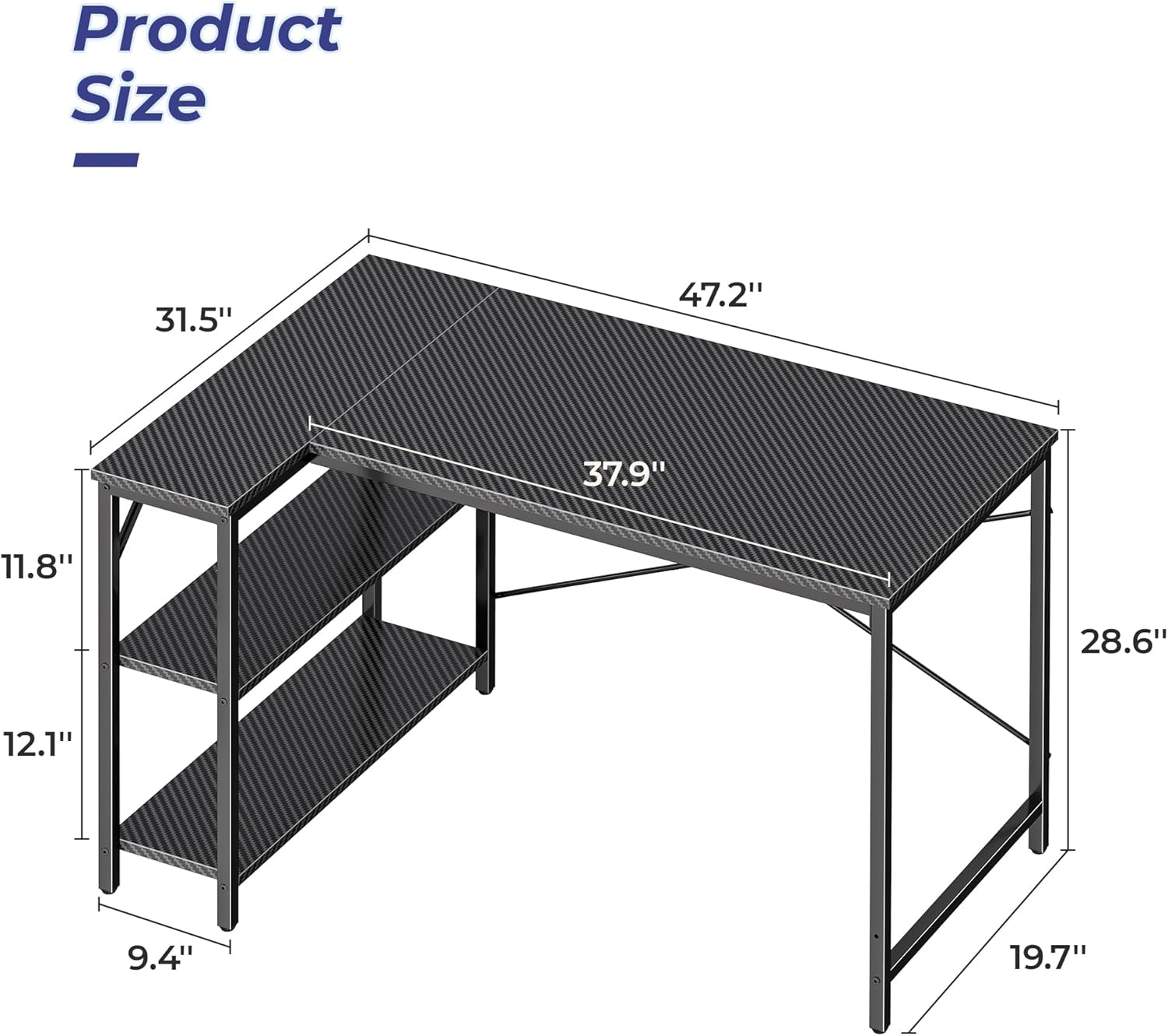 L Shaped Desk, 47 Inches Computer Desk with Reversible Storage Shelves, Gaming Desk, Corner Desk Home Office Desks, Writing Desk Study Desk with Metal Frame, Carbon Fiber Black-2