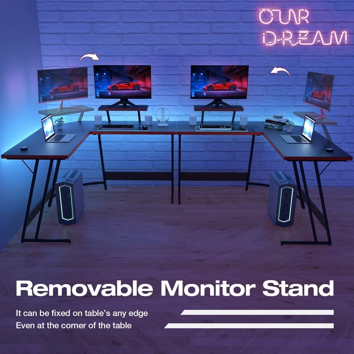 L Shaped Gaming Desk Computer Corner Desk PC Gaming Desk Table with Large Monitor Riser Stand for Home Office Sturdy Writing Workstation (Black, 51 Inch)-3