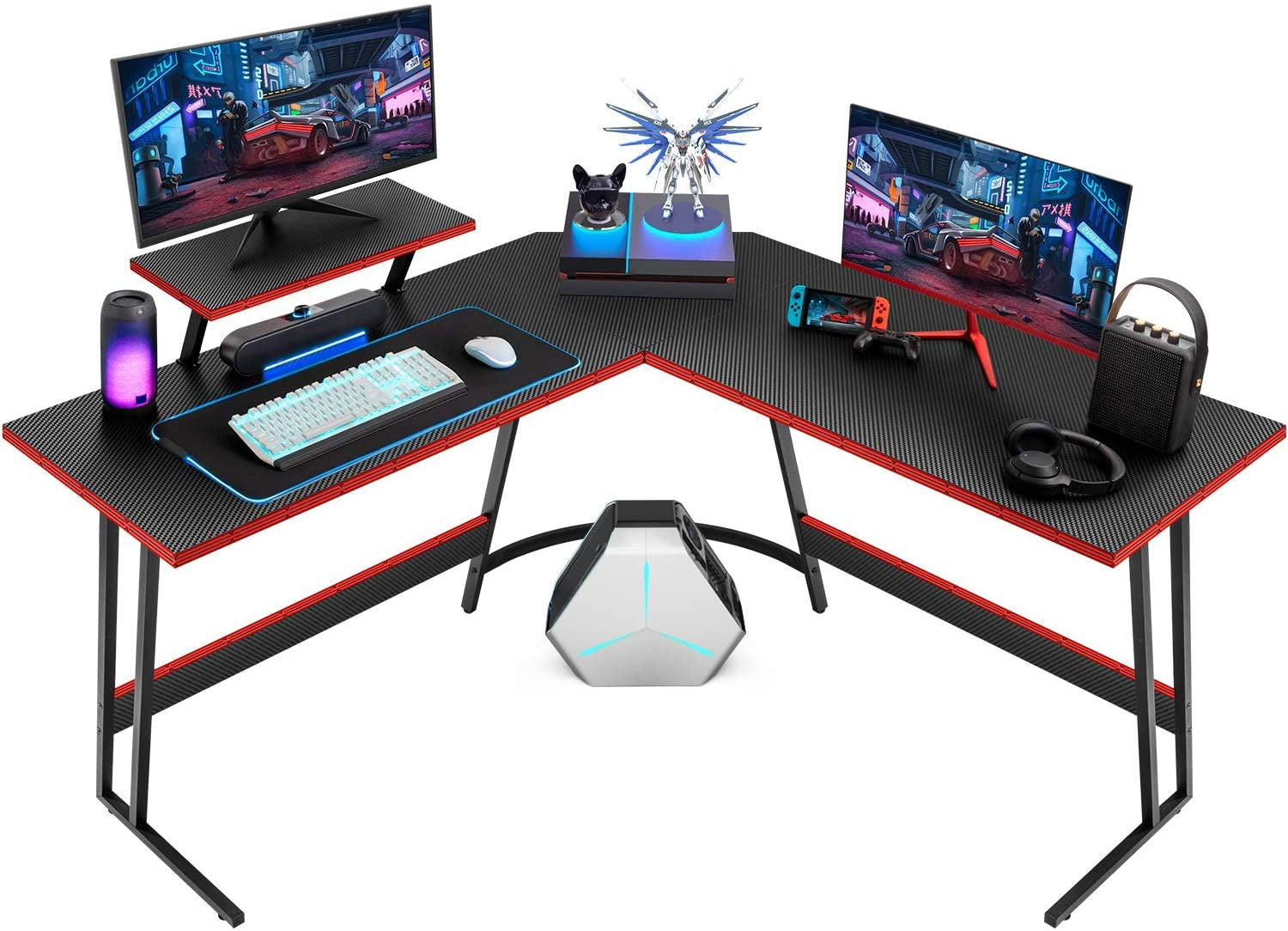 L Shaped Gaming Desk Computer Corner Desk PC Gaming Desk Table with Large Monitor Riser Stand for Home Office Sturdy Writing Workstation (Black, 51 Inch)-0