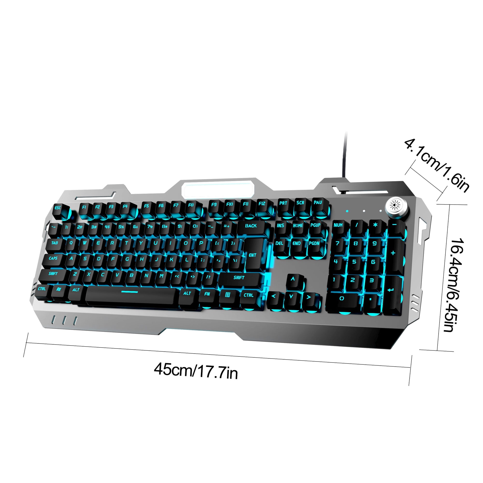 PC Gaming Keyboards, 104 Keys All-Metal Panel Wired Gaming Keyboard Mechanical Feel with Blue Backlit, Multimedia Knob, Anti-Ghosting, Wrist Rest Quiet Computer Keyboard (Black)