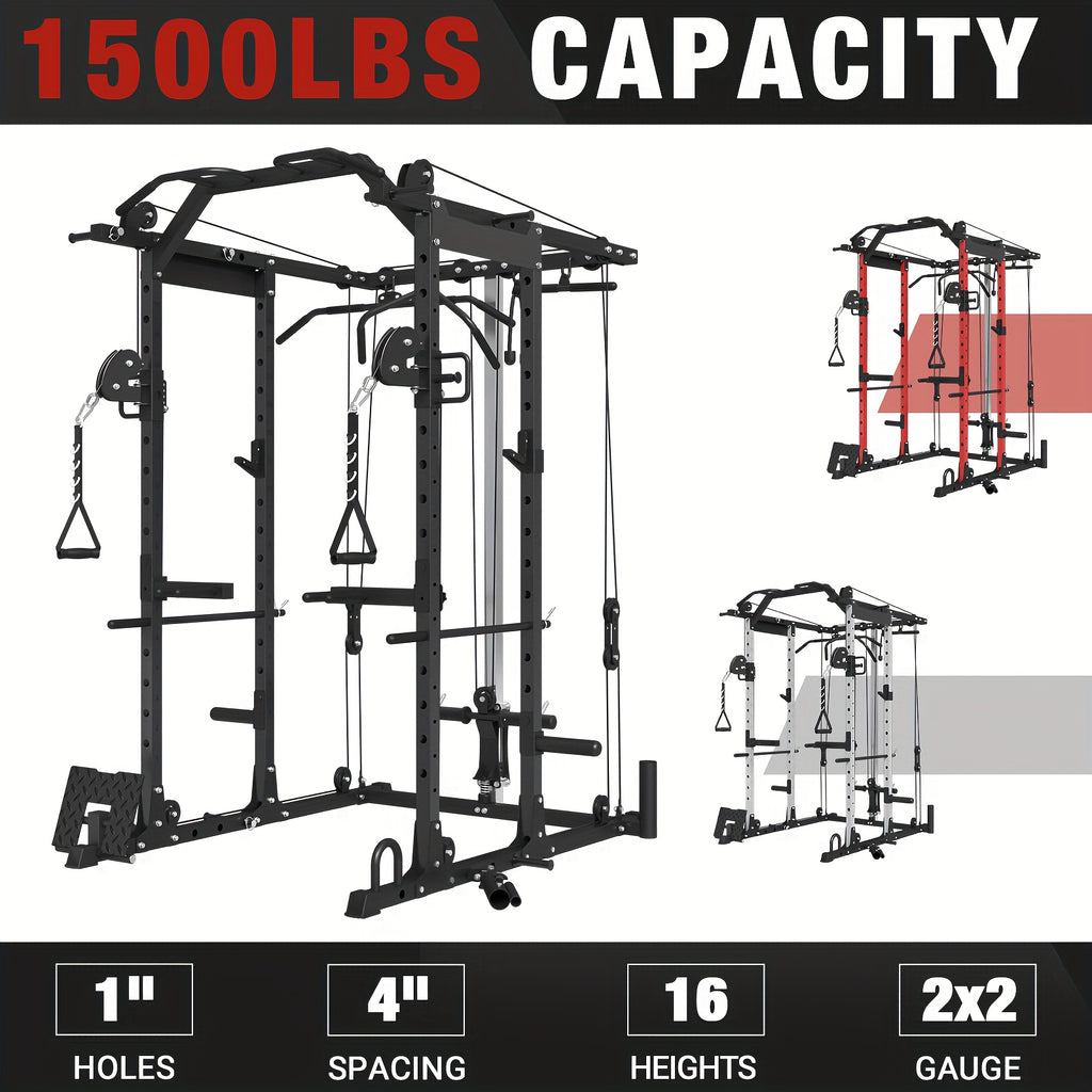 8-in-1 Power Rack Cage With 1500lb Capacity & Cable Crossover Machine - Physical Therapy Approved Squat Rack With J-Hooks, Dip Bars, Landmine - Adaptive Strength Training System For Home Gyms (Red)