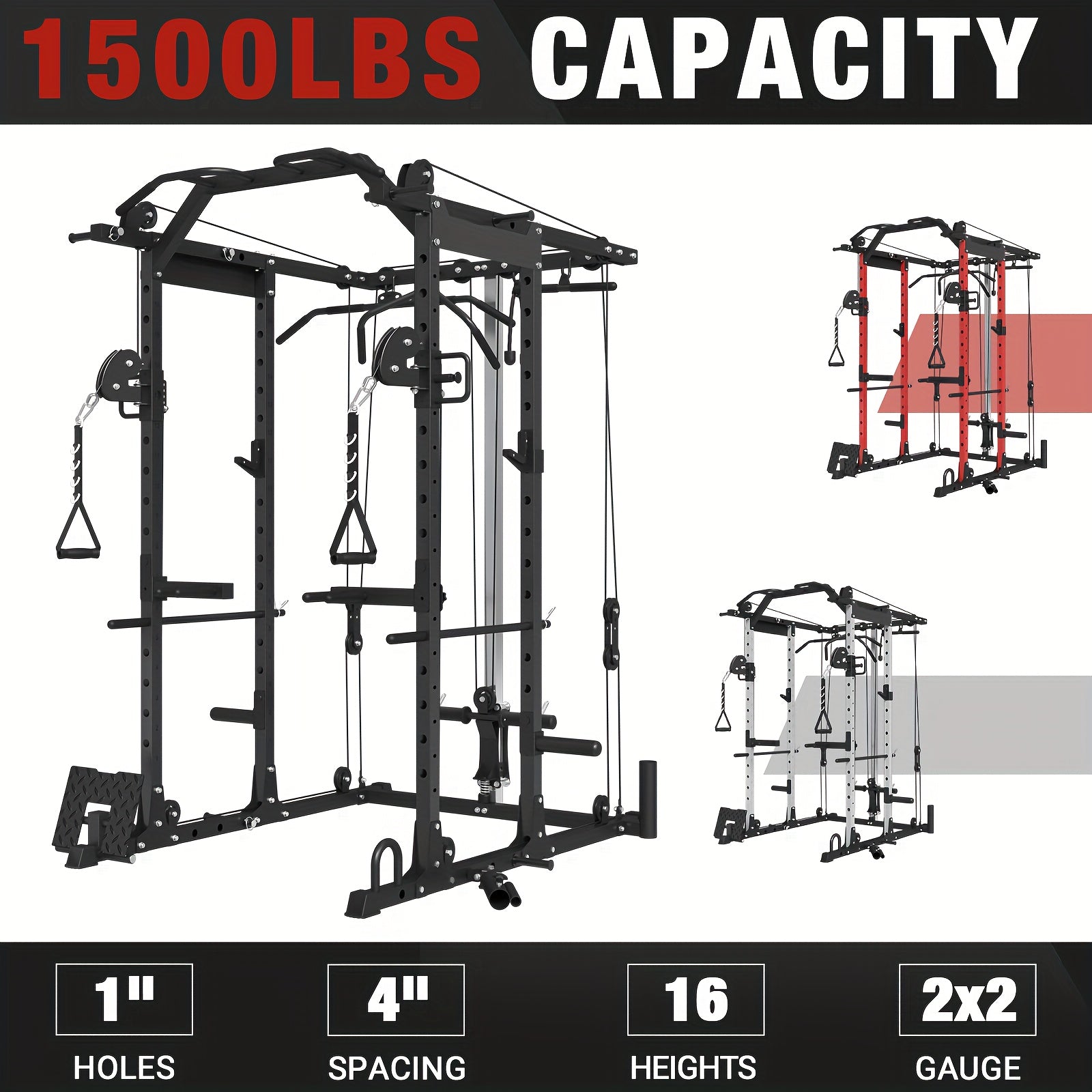 8-in-1 Power Rack Cage With 1500lb Capacity & Cable Crossover Machine - Physical Therapy Approved Squat Rack With J-Hooks, Dip Bars, Landmine - Adaptive Strength Training System For Home Gyms (Red)