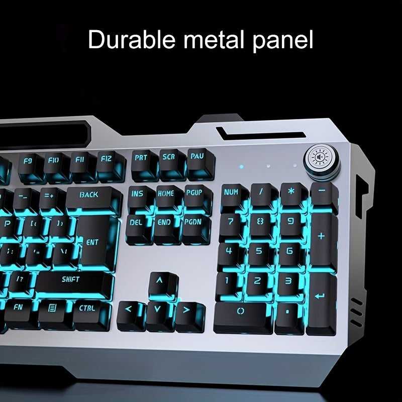 PC Gaming Keyboards, 104 Keys All-Metal Panel Wired Gaming Keyboard Mechanical Feel with Blue Backlit, Multimedia Knob, Anti-Ghosting, Wrist Rest Quiet Computer Keyboard (Black)