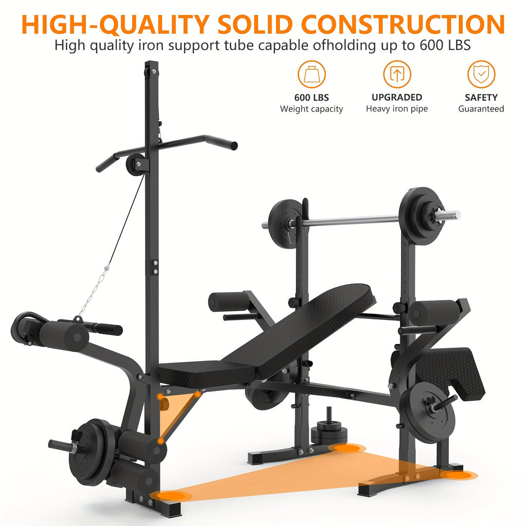 1pc Rigel 600lbs Capacity Adjustable Weight Bench 6-in-1 Fitness Stool with Leg Extension & Curl, Pec Deck, Incline/Decline Bench for Full Body Workout, Strength Training, Home Gym - Black