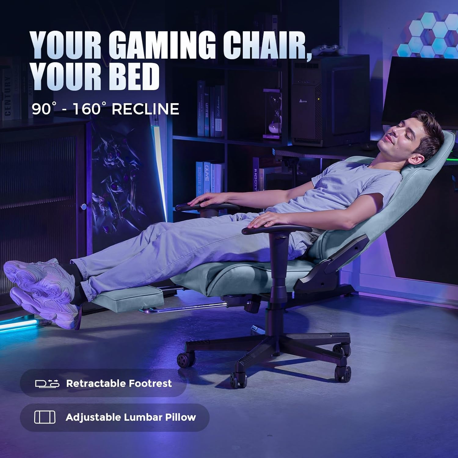 Gaming Chair Breathable Fabric, Racing Style Computer Chair for Adult, Adjustable Reclining Backrest and Lumbar Support, Stylish High Back Chair for Gaming and Office (Light Blue)-3