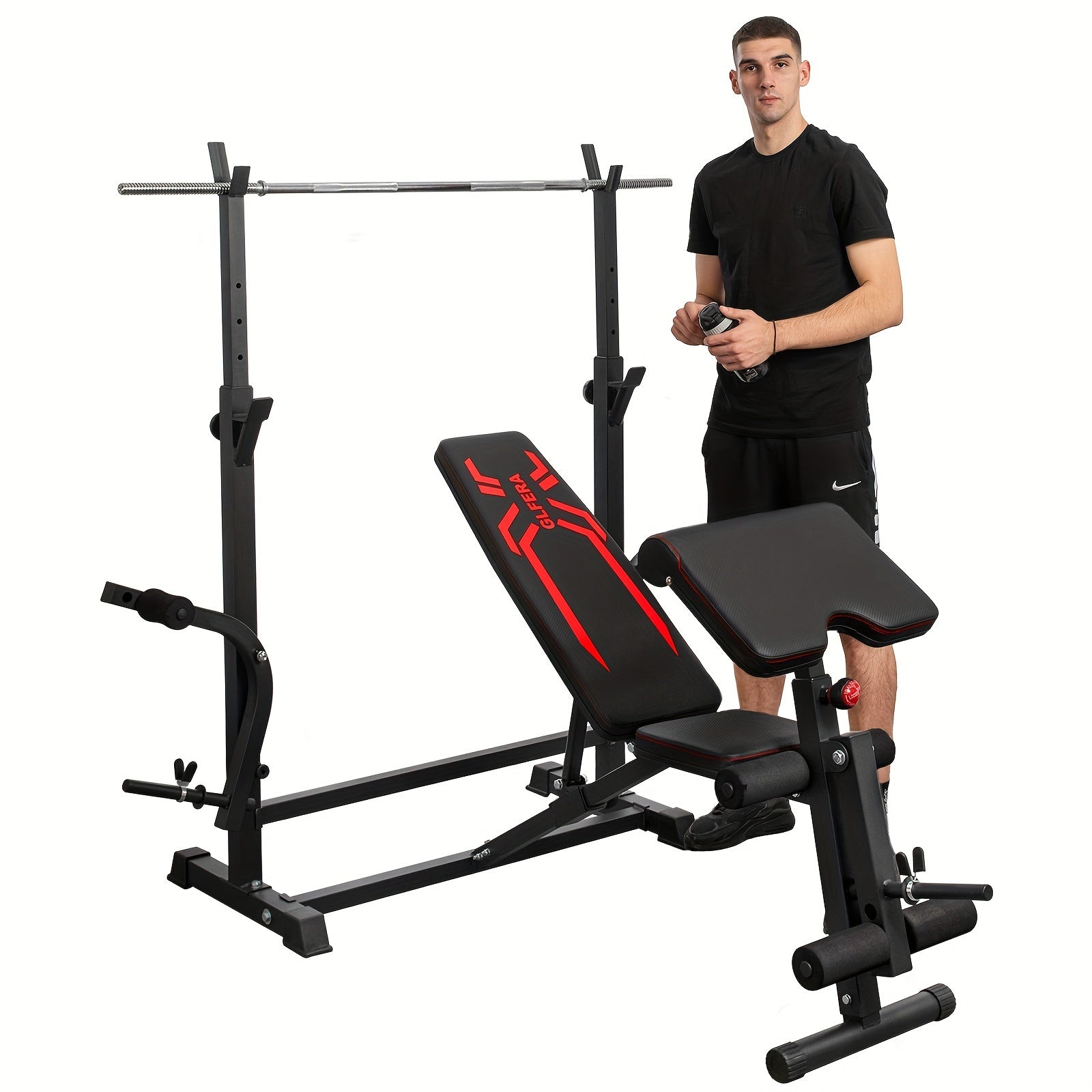 6-in-1 880lbs Weight Bench Set with Squat Rack, Adjustable Workout Bench for Full Body Strength Training, Bench Press with Barbell Rack Leg Developer Preacher Curl, Incline Decline Bench