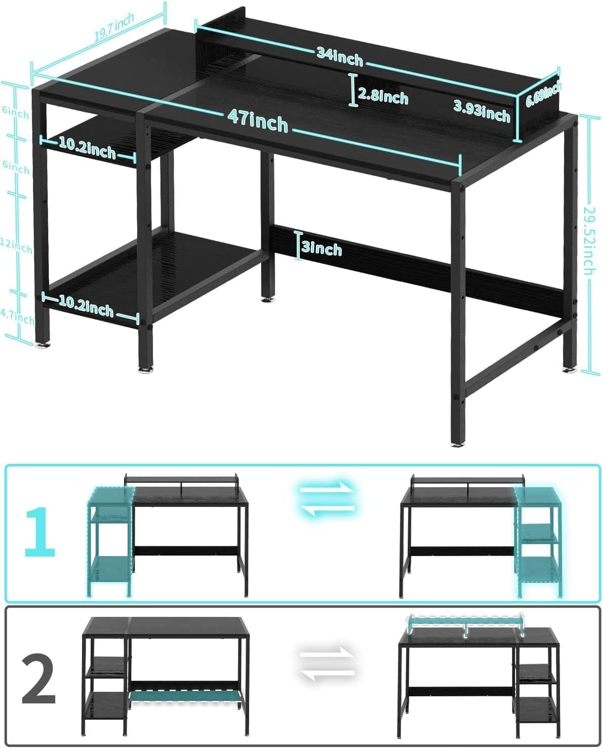 Computer Desk - 47” Gaming Desk, Home Office Desk with Storage, Small Desk with Monitor Stand, Storage Space-Savor, Modern Table, Black-2