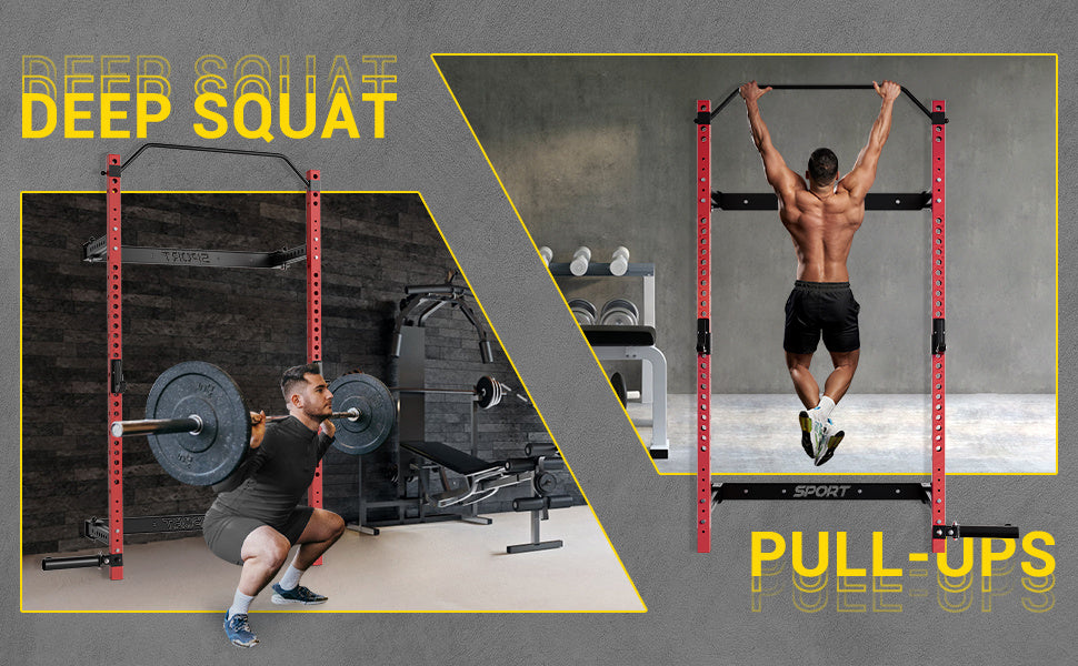 Folding Power Rack with 1000 lbs Capacity, Wall Mounted Folding Squat Rack with Pull-up Bar,J-hooks and Landmine,Space Saving for Home Gym