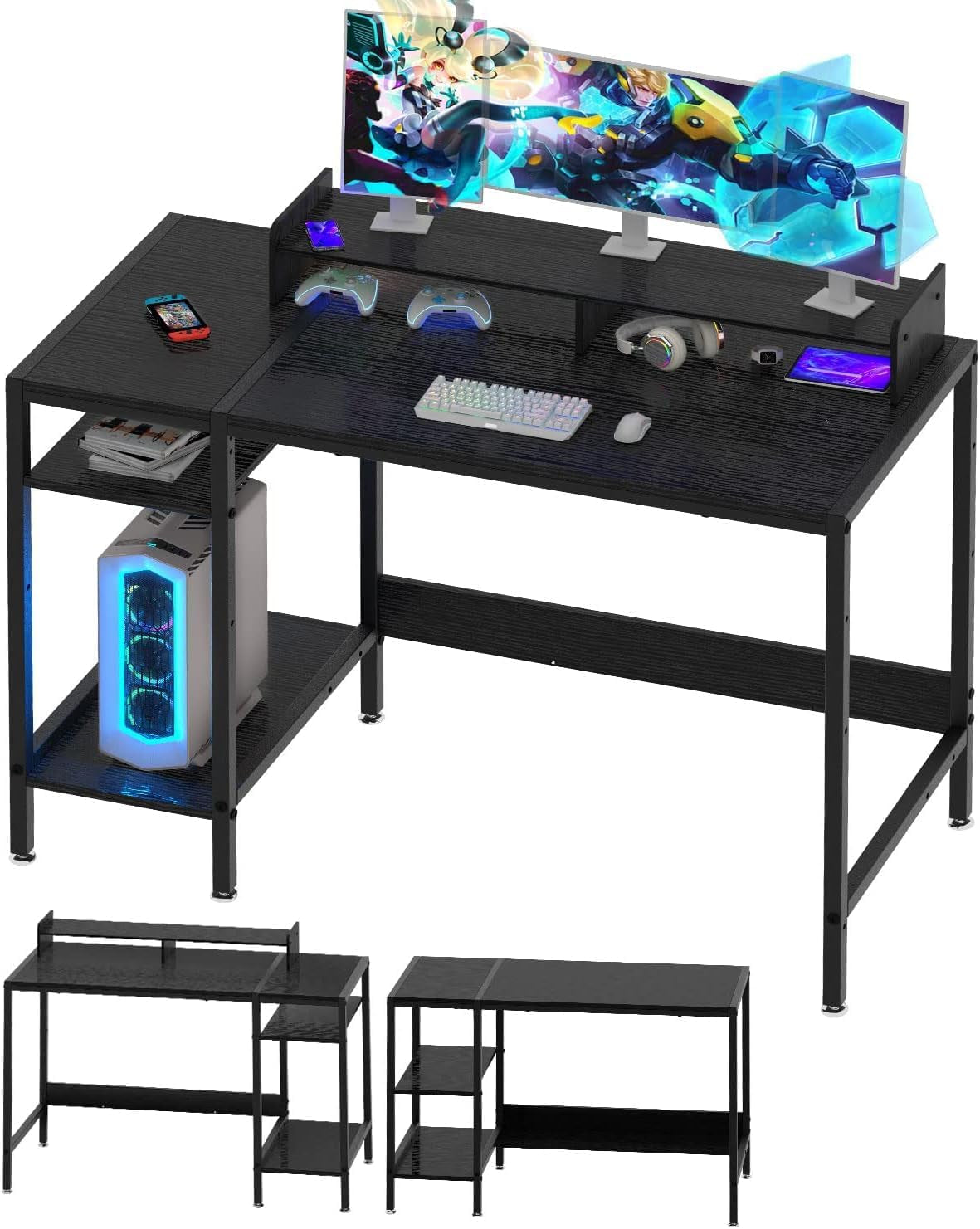 Computer Desk - 47” Gaming Desk, Home Office Desk with Storage, Small Desk with Monitor Stand, Storage Space-Savor, Modern Table, Black-0