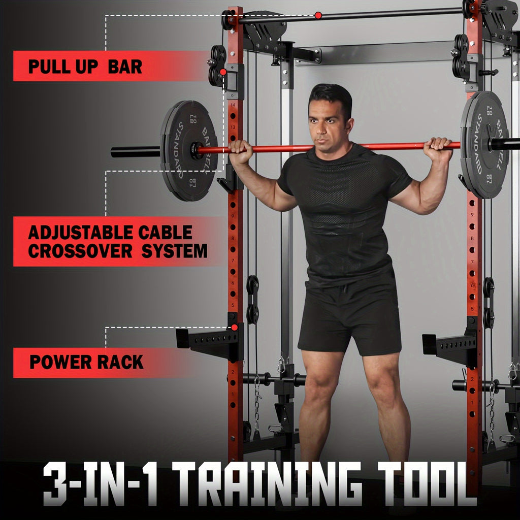 Folding Squat Rack, Wall Mounted Power Rack with Cable Crossover Machine & LAT Pull Down Machines, Functional Trainer with 5 Adjustable Function Modes, for Home Gym and Space Saving