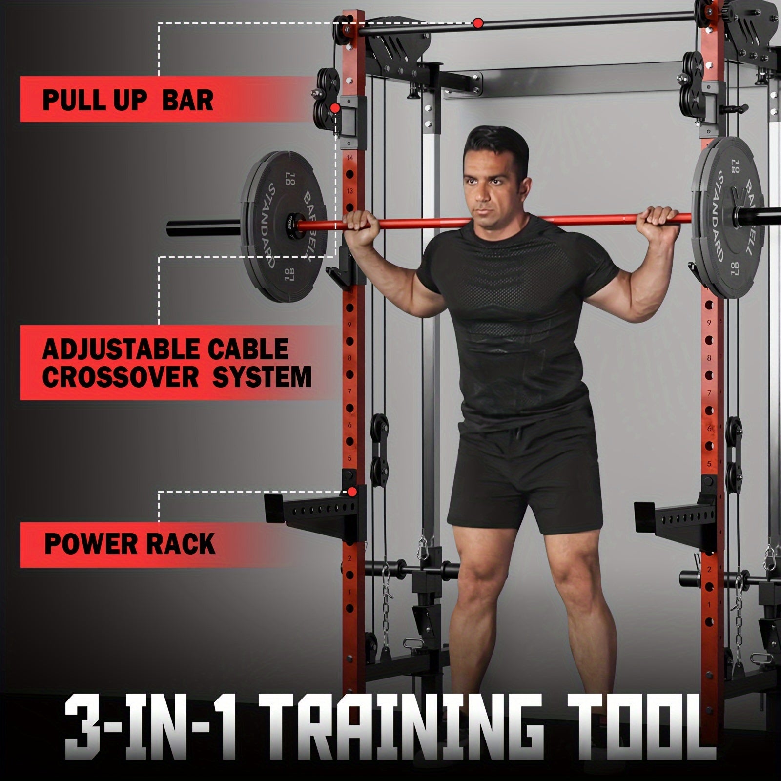 Folding Squat Rack, Wall Mounted Power Rack with Cable Crossover Machine & LAT Pull Down Machines, Functional Trainer with 5 Adjustable Function Modes, for Home Gym and Space Saving