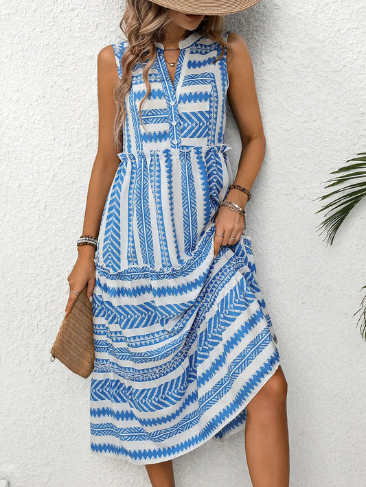 Summer leisure vacation ethnic style printed V-neck dress
