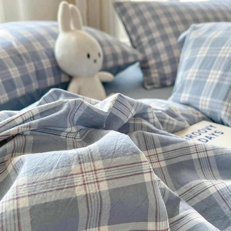 Bed Sheets Set Plaid Style Duvet Cover Pillowcas