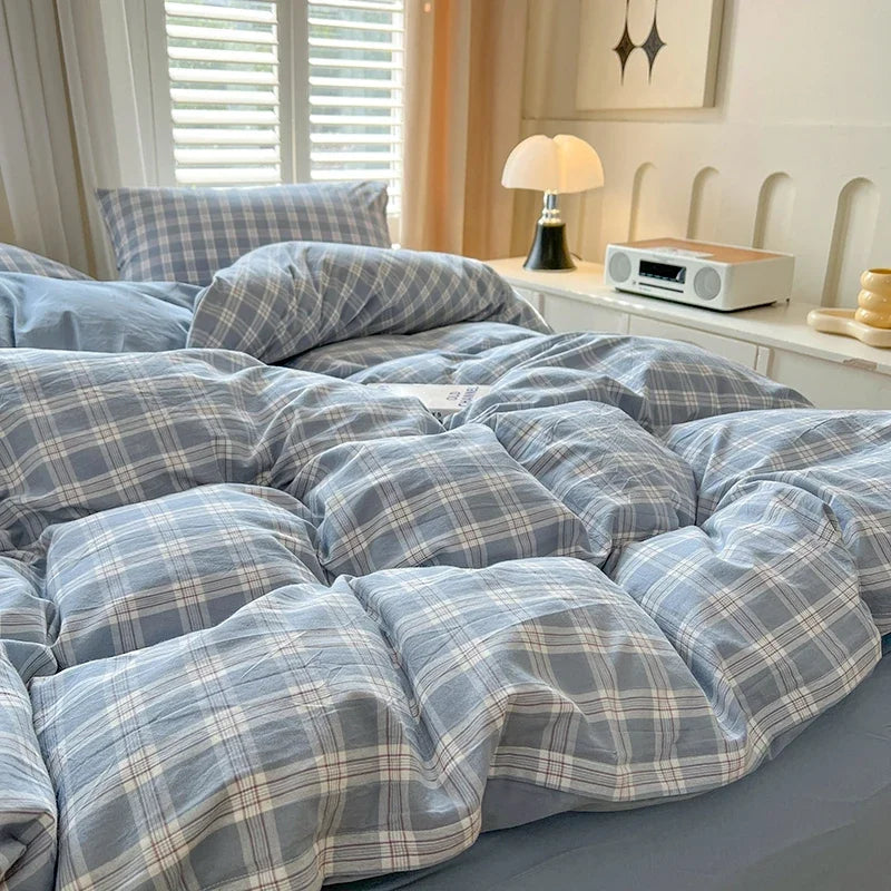 Bed Sheets Set Plaid Style Duvet Cover Pillowcas