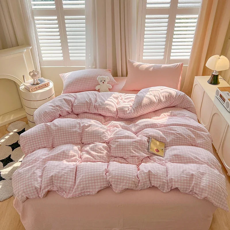Bed Sheets Set Plaid Style Duvet Cover Pillowcas