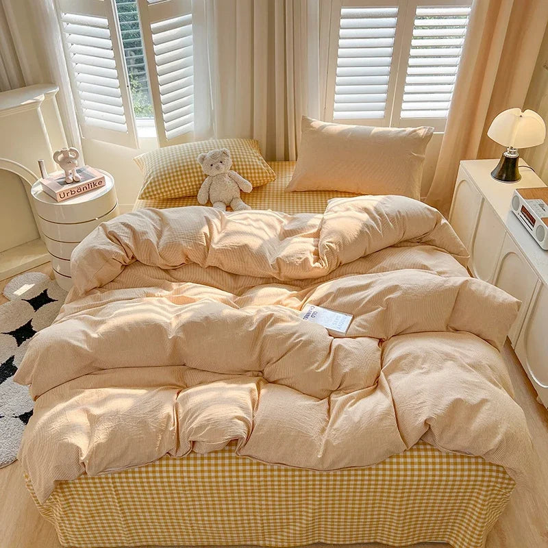 Bed Sheets Set Plaid Style Duvet Cover Pillowcas