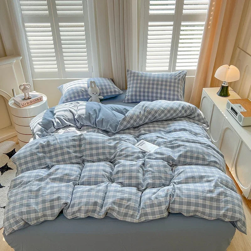 Bed Sheets Set Plaid Style Duvet Cover Pillowcas