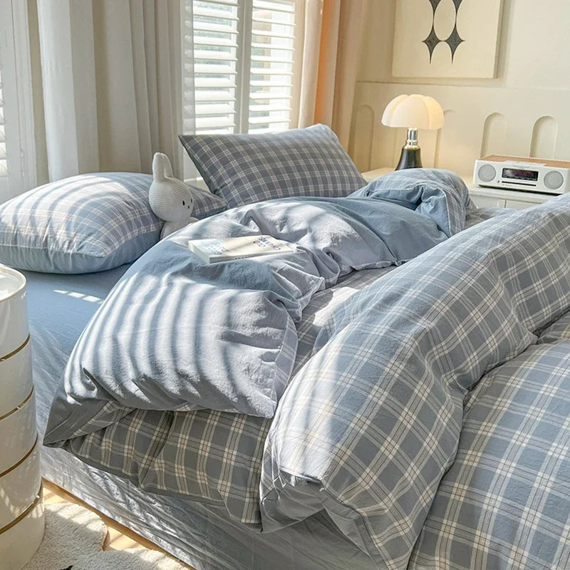 Bed Sheets Set Plaid Style Duvet Cover Pillowcas