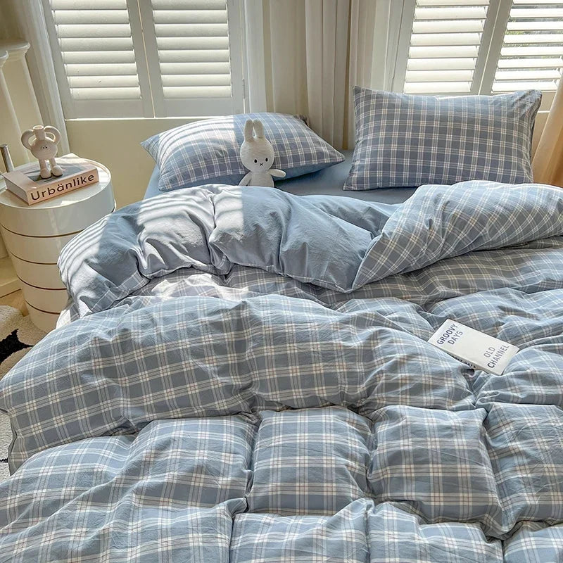 Bed Sheets Set Plaid Style Duvet Cover Pillowcas