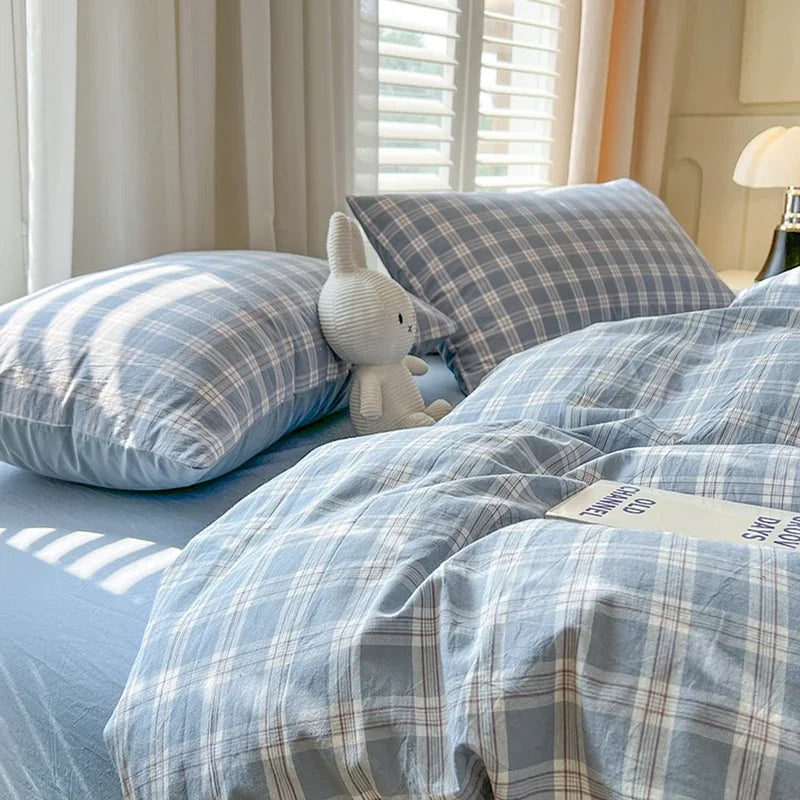 Bed Sheets Set Plaid Style Duvet Cover Pillowcas
