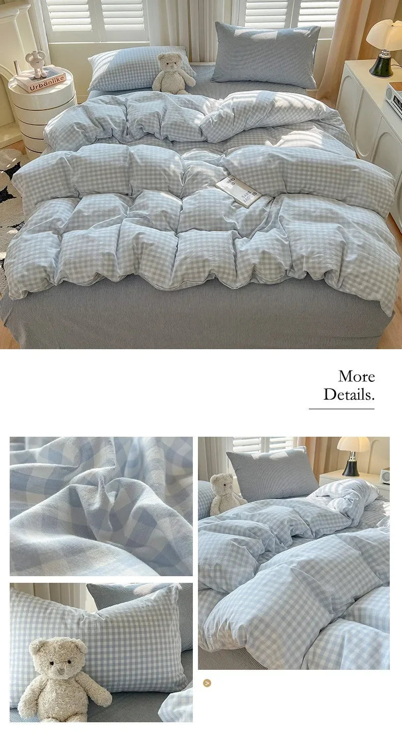 Bed Sheets Set Plaid Style Duvet Cover Pillowcas