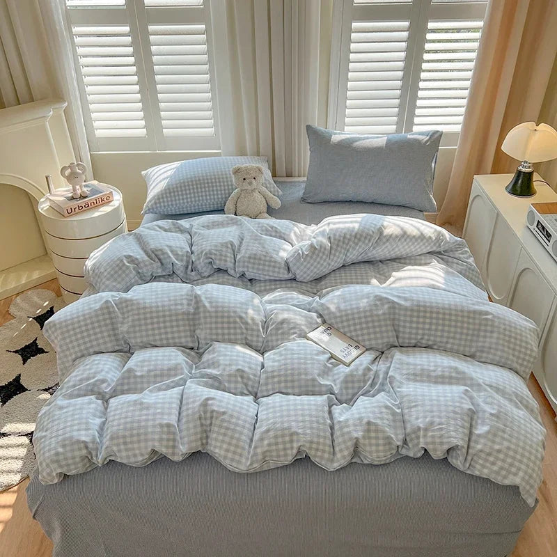 Bed Sheets Set Plaid Style Duvet Cover Pillowcas