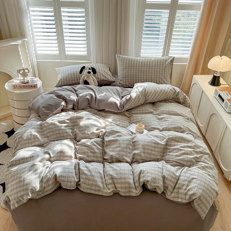 Bed Sheets Set Plaid Style Duvet Cover Pillowcas