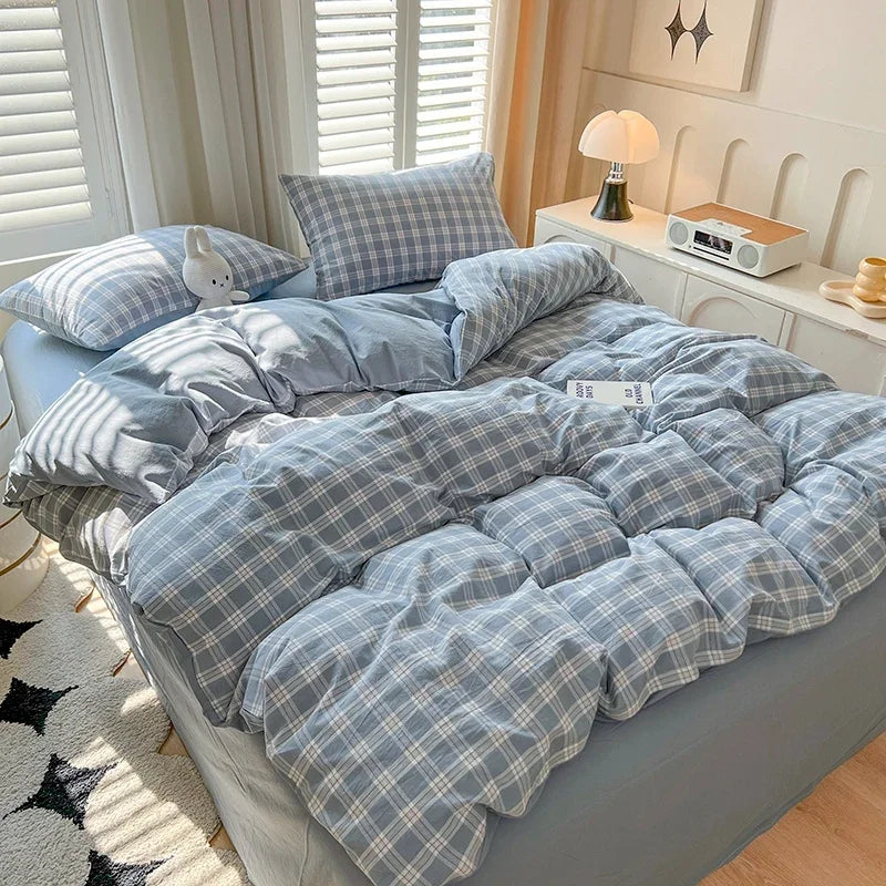 Bed Sheets Set Plaid Style Duvet Cover Pillowcas