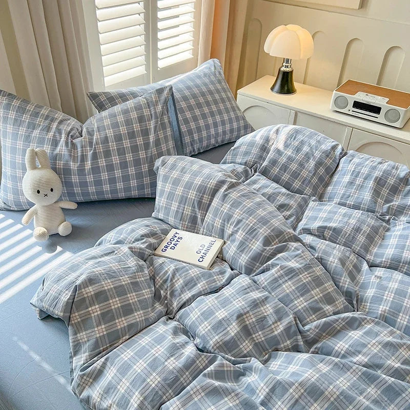 Bed Sheets Set Plaid Style Duvet Cover Pillowcas