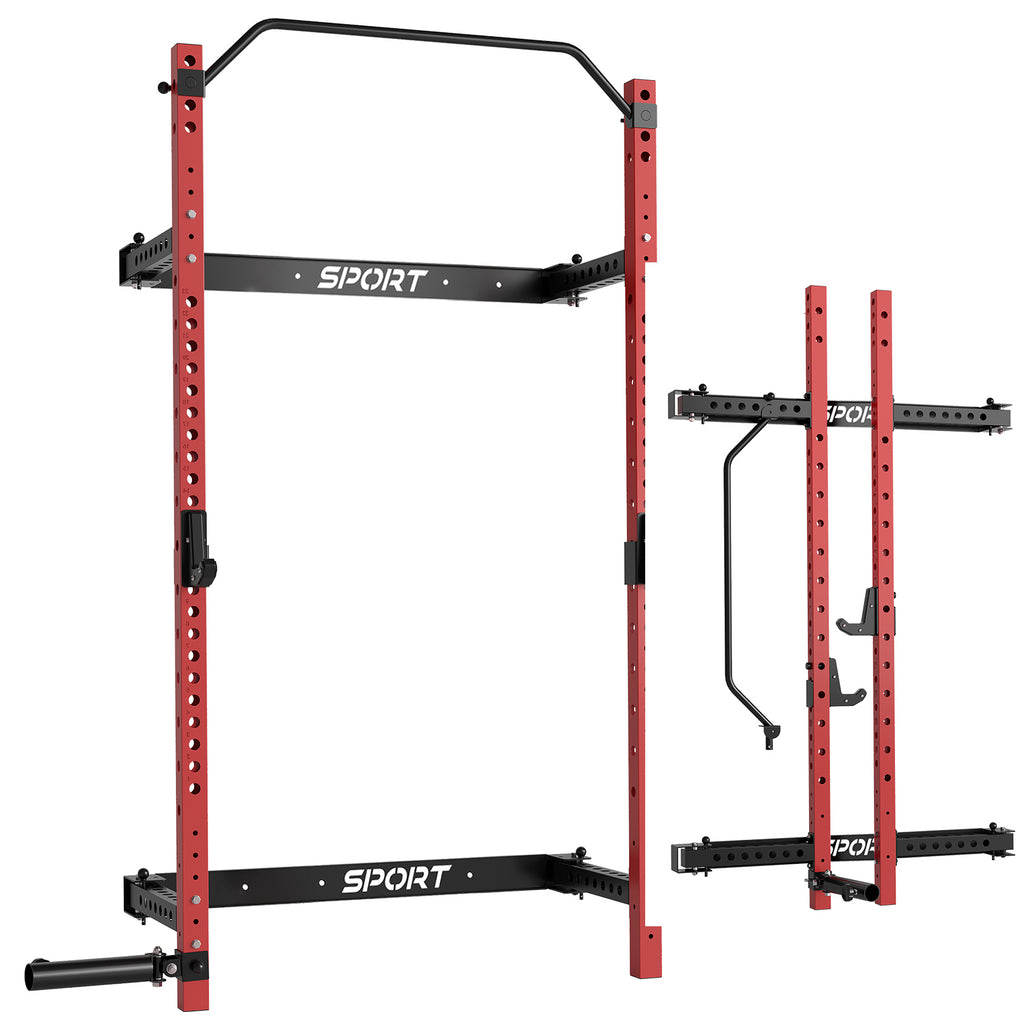 Folding Power Rack with 1000 lbs Capacity, Wall Mounted Folding Squat Rack with Pull-up Bar,J-hooks and Landmine,Space Saving for Home Gym