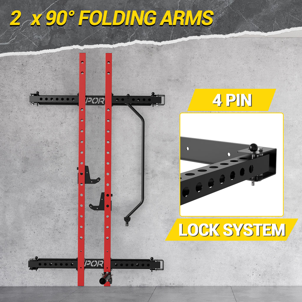 Folding Power Rack with 1000 lbs Capacity, Wall Mounted Folding Squat Rack with Pull-up Bar,J-hooks and Landmine,Space Saving for Home Gym