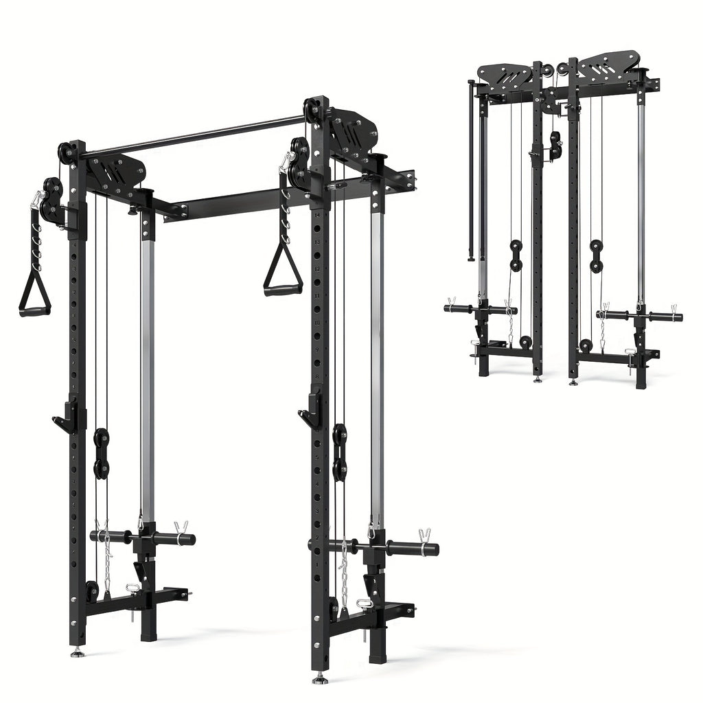 Folding Squat Rack, Wall Mounted Power Rack with Cable Crossover Machine & LAT Pull Down Machines, Functional Trainer with 5 Adjustable Function Modes, for Home Gym and Space Saving
