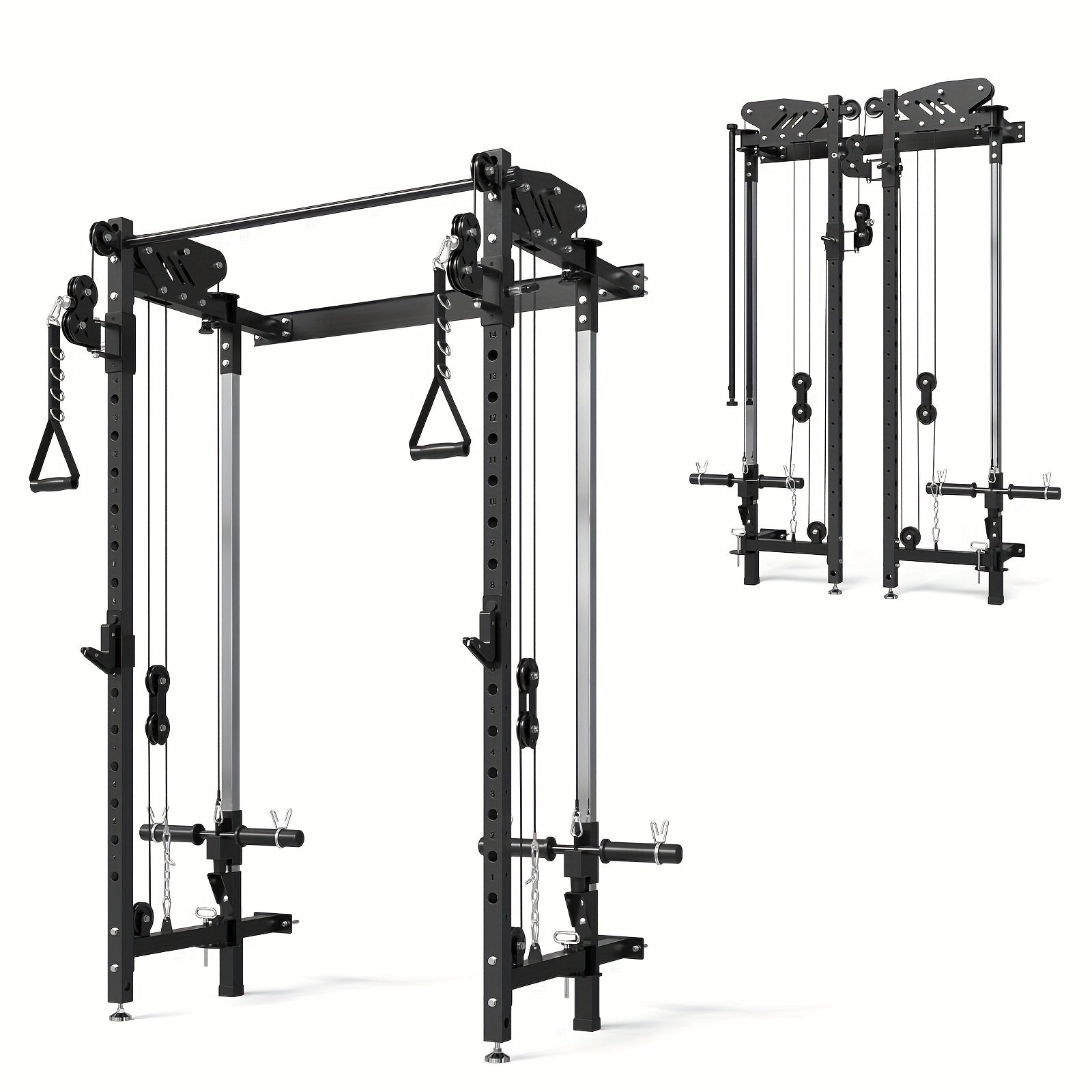 Folding Squat Rack, Wall Mounted Power Rack with Cable Crossover Machine & LAT Pull Down Machines, Functional Trainer with 5 Adjustable Function Modes, for Home Gym and Space Saving