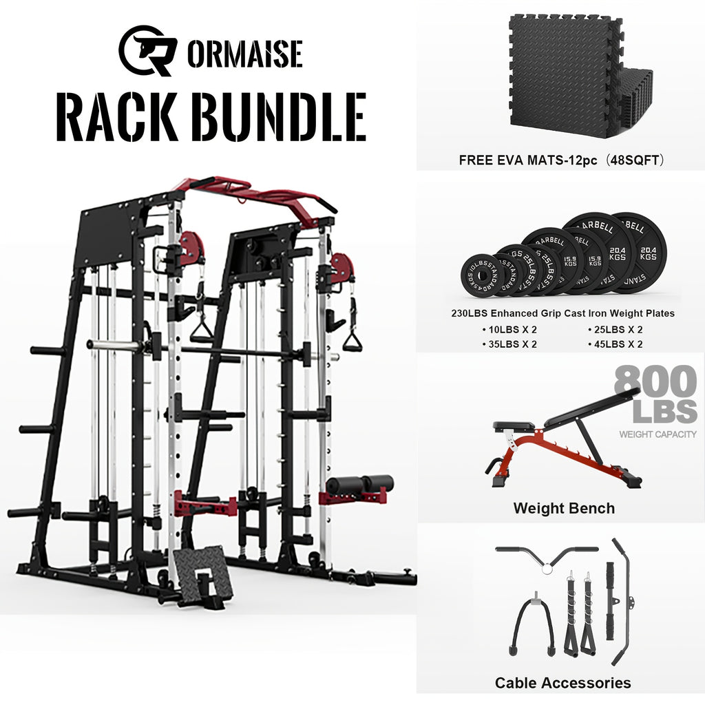 2200lbs All-in-1 Smith Machine Home Gym with LAT-Pull Down System & Cable Crossover, 360° Landmine, Weight Bar & Barbell Holders, 40+ Free Weight Exercises, Space-Saving Power Rack Cage for Total Body Strength Training (Red/