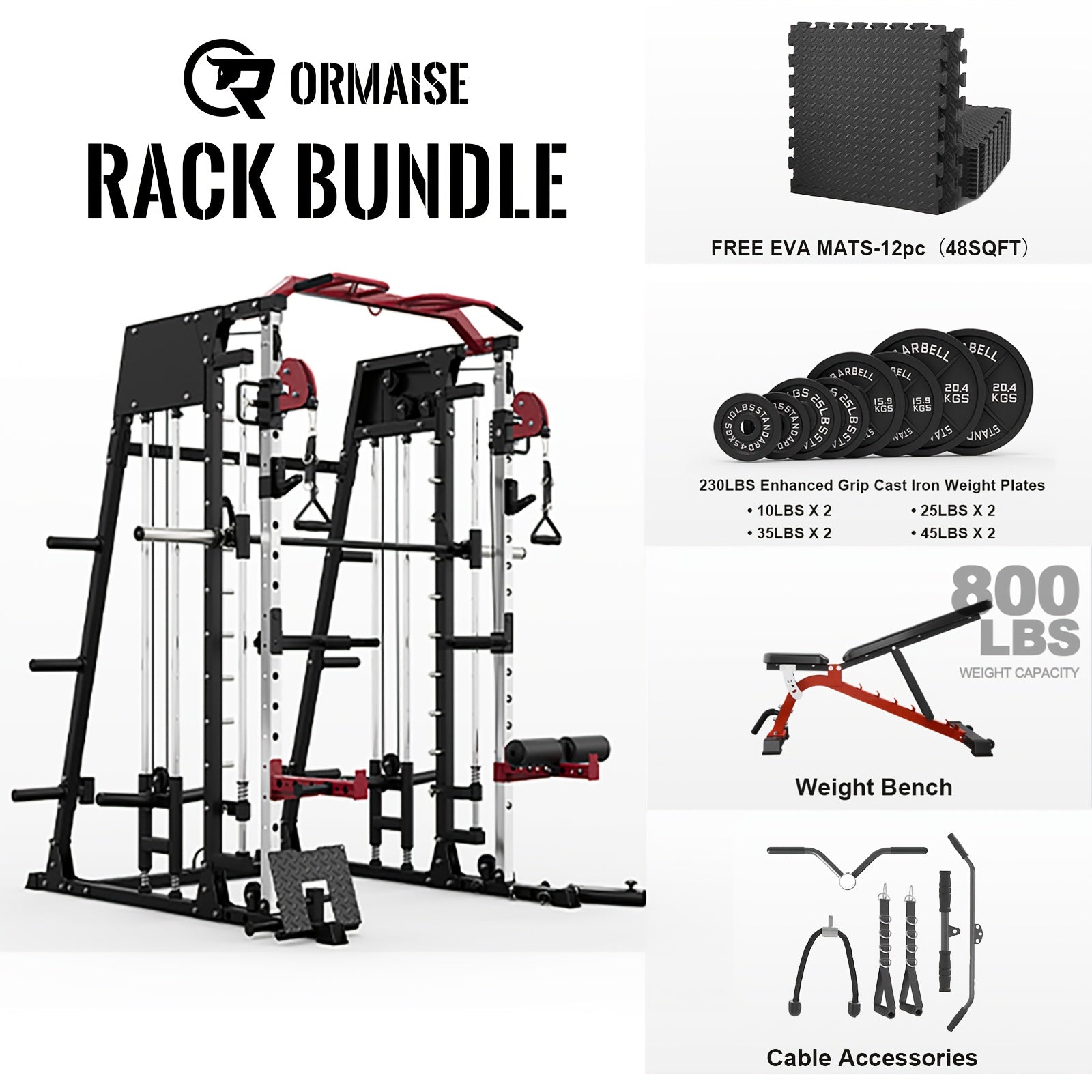 2200lbs All-in-1 Smith Machine Home Gym with LAT-Pull Down System & Cable Crossover, 360° Landmine, Weight Bar & Barbell Holders, 40+ Free Weight Exercises, Space-Saving Power Rack Cage for Total Body Strength Training (Red/