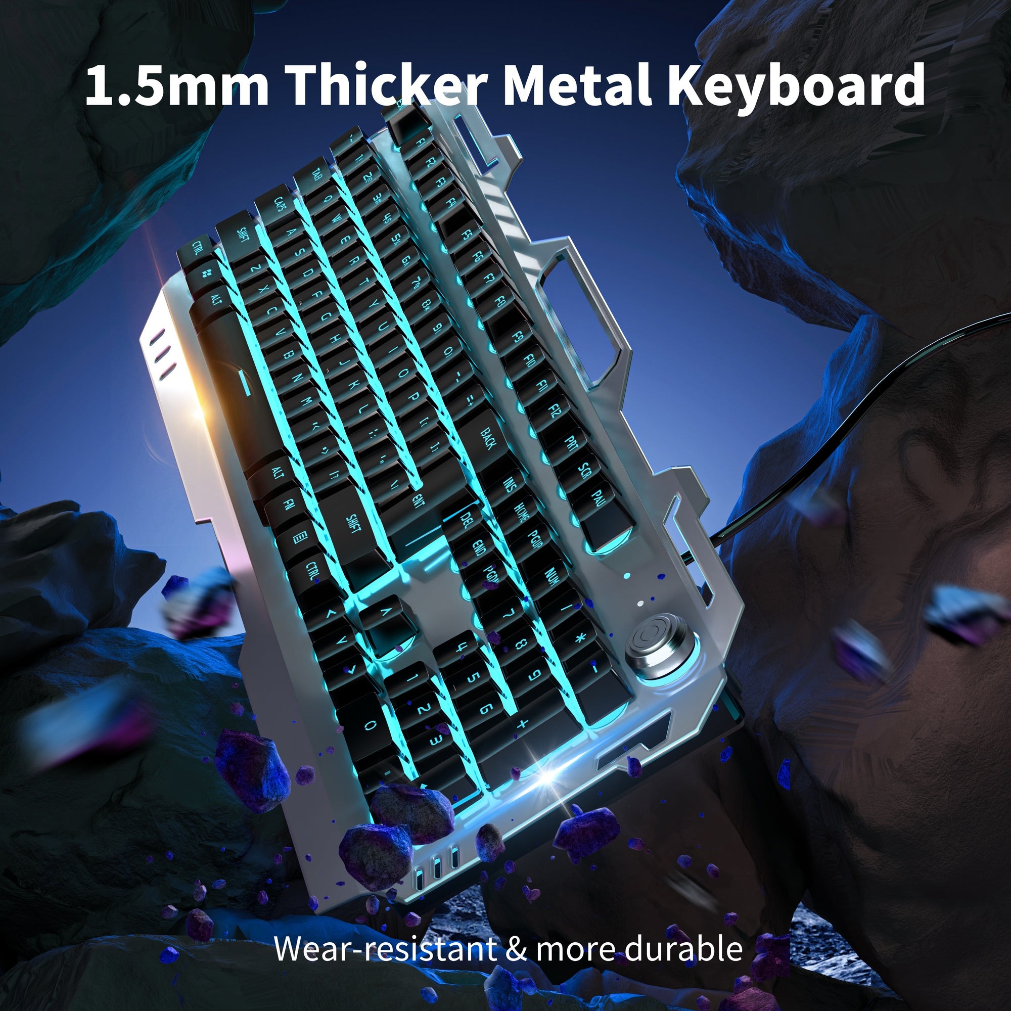 PC Gaming Keyboards, 104 Keys All-Metal Panel Wired Gaming Keyboard Mechanical Feel with Blue Backlit, Multimedia Knob, Anti-Ghosting, Wrist Rest Quiet Computer Keyboard (Black)