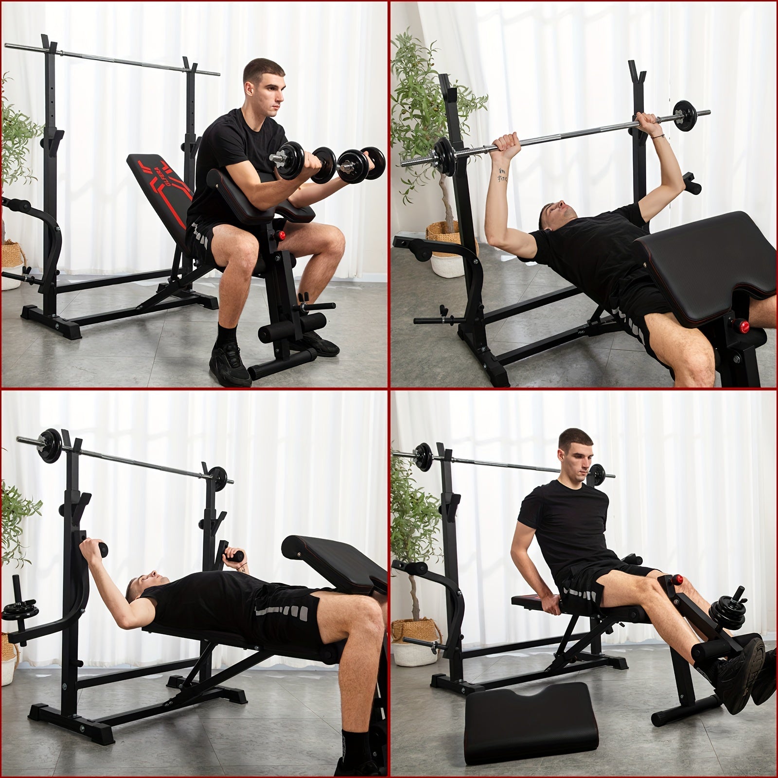 6-in-1 880lbs Weight Bench Set with Squat Rack, Adjustable Workout Bench for Full Body Strength Training, Bench Press with Barbell Rack Leg Developer Preacher Curl, Incline Decline Bench