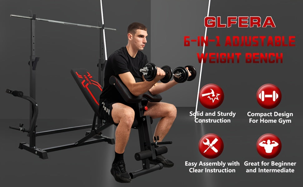 6-in-1 880lbs Weight Bench Set with Squat Rack, Adjustable Workout Bench for Full Body Strength Training, Bench Press with Barbell Rack Leg Developer Preacher Curl, Incline Decline Bench