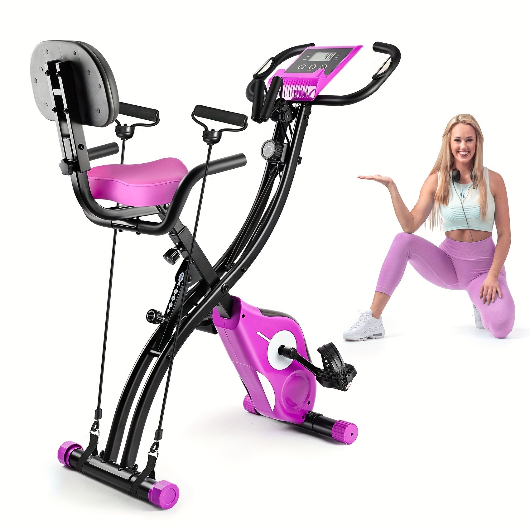 Folding Exercise Bike, Foldable Fitness Stationary Bike Machine, Upright Indoor Cycling Bike, Magnetic X-Bike with 8-Level Adjustable Resistance, Bottle Holder & Back Support Cushion for Home Gym Workout, Valentine's Day Gift