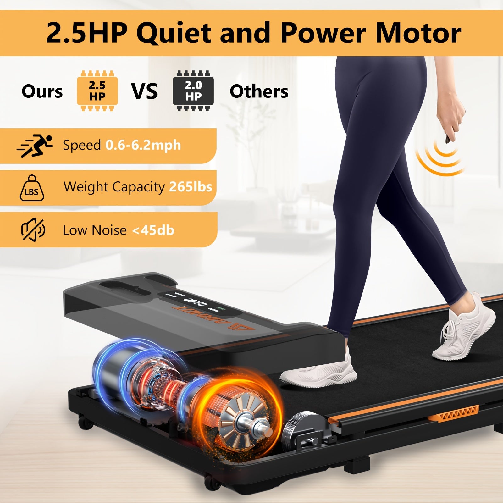 AIRHOT 2-in-1 Under Desk Treadmill 2.5HP Folding Compact Black Walking Pad, Without Battery