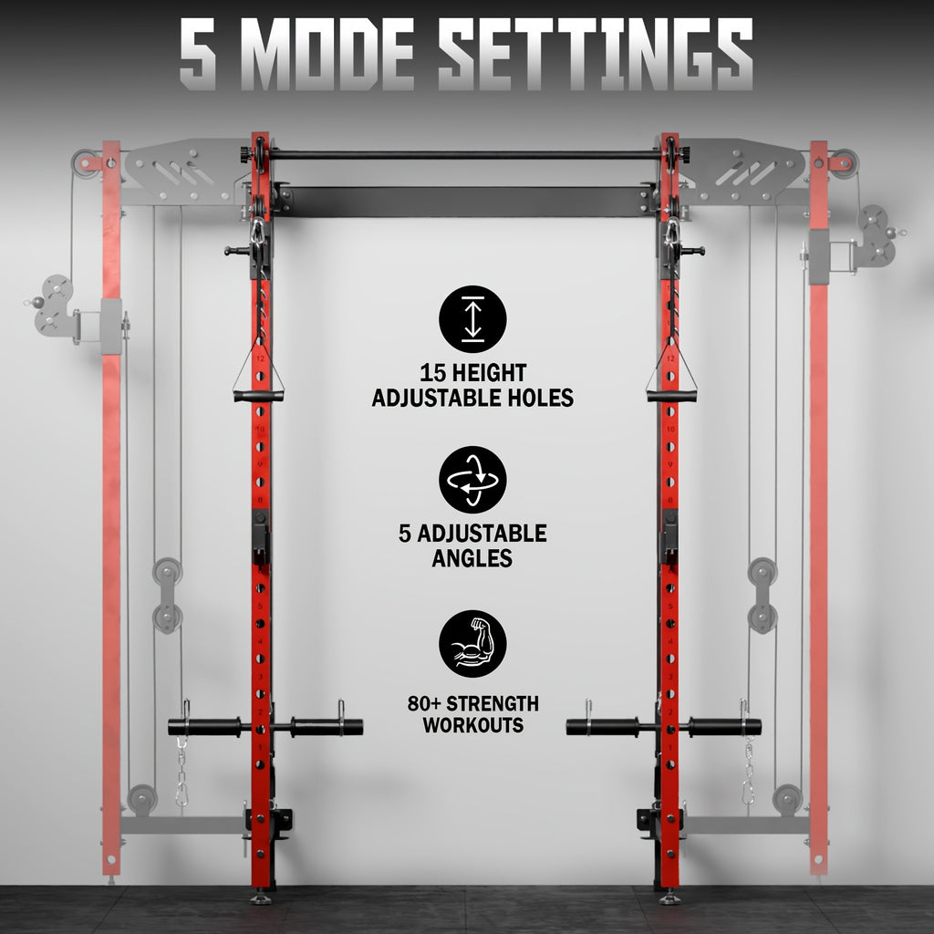 Folding Squat Rack, Wall Mounted Power Rack with Cable Crossover Machine & LAT Pull Down Machines, Functional Trainer with 5 Adjustable Function Modes, for Home Gym and Space Saving